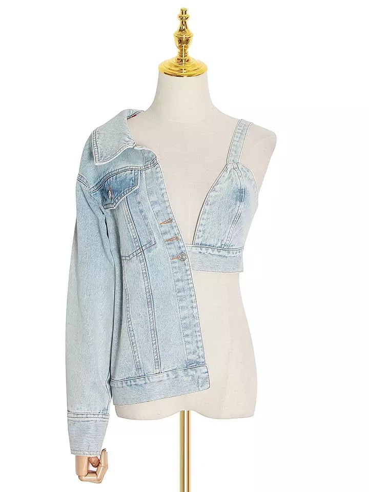 Denim jacket top half colour jeans hi-res stock photography and images -  Alamy